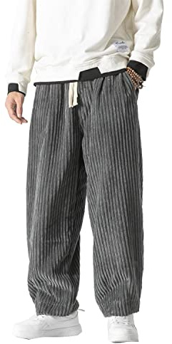 Seidarise Pantalon en Velours côtelé pour Homme - Coupe Ample - Coupe décontractée - Extensible - Taille élastique - Cordon de Serrage, Gris, Taille L
