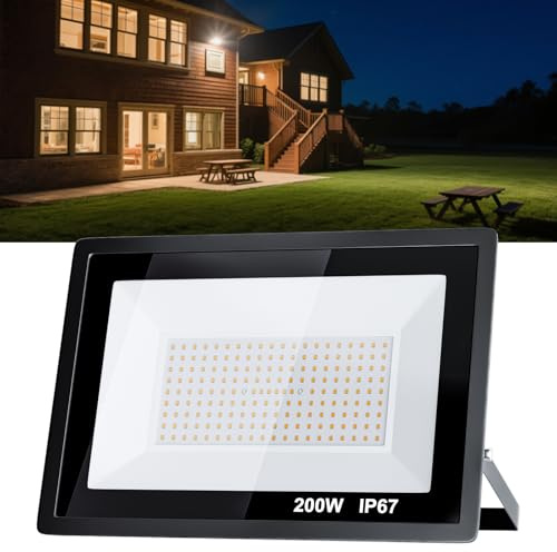 MIWATT 220V 200W LED luce di inondazione, bianco caldo (3000K), IP66luci di sicurezza super luminose impermeabili, proiettore esterno per cortile, giardino, parco giochi, campo da basket