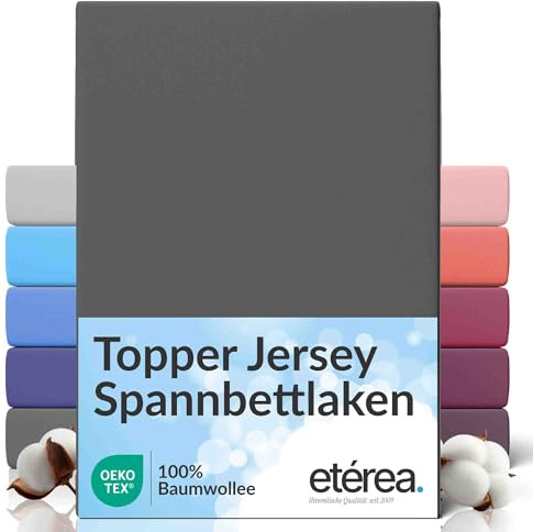 etérea Jersey Topper Spannbettlaken 120x200 cm Anthrazit 5-10cm Steghöhe | 100% Baumwolle Jersey Spannbetttuch · für Topper 5–10 cm Steghöhe · bügelfrei & pflegeleicht · OEKO-TEX Made in Green