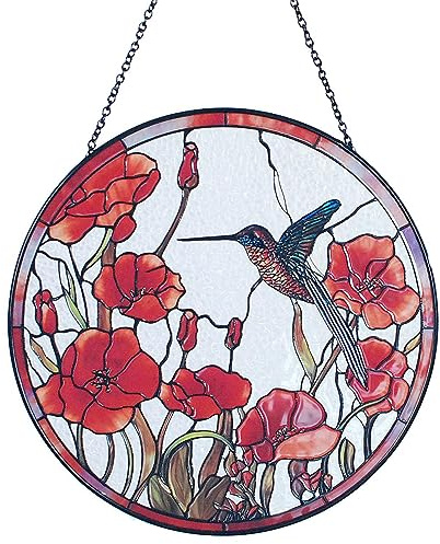 7.8'' Hummingbird Suncatcher Stained Glass Suncatchers - Originally Designed Hummingbird Red Poppies Ornament for Sun Catcher Indoor Window | Gifts for Hummingbird Lovers Painted Glass Panel Decor