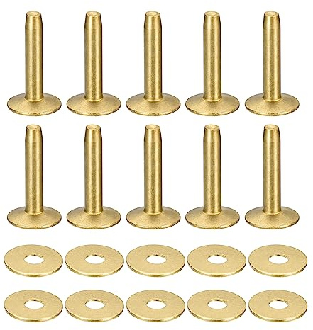 QUARKZMAN 10 Juego Latón Remaches y Rebabas, 10x3,3x21 mm Sólido Cuero Latón Remache Sujetadorpara Cuero DIY Artesanía Suministros, Tono Dorado