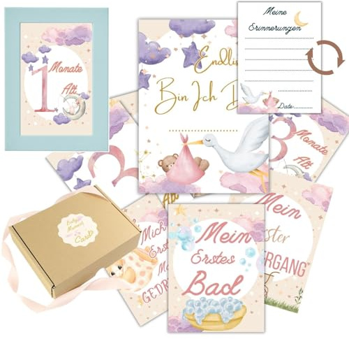 40 Meilensteinkarten Baby für Mädchen - Set von Meilensteinkarten mit Geschenkbox + Holz-Fotorahmen - Hervorragende Geschenkidee für Geburt, Taufe und Babyparty (Blauer Rahmen)