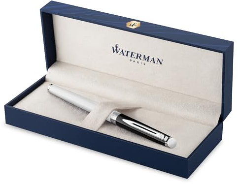 Waterman Hémisphère Tintenroller | Schwarze und weiße Lackierung mit palladiumbeschichteten Zierteilen | feine Spitze | schwarze Tinte | Geschenkbox