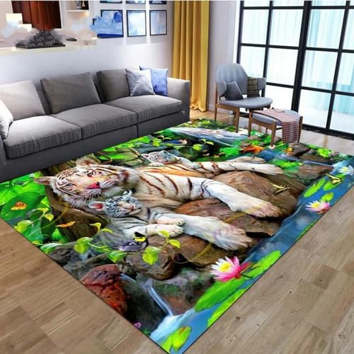 Kind Teppich 160 X 200 cm, Schlafzimmer Teppich, 3D Teppiche Wohnzimmer Teppiche Weich rutschfest Teppich Für Wohnzimmer Schlafzimmer Bettvorleger Tiger-Dschungel-Tierwelt -4B2U7V3Z7Q1