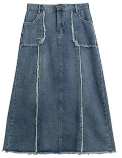 Falda Vaquera de Primavera Ropa de Talla Grande para Mujer Falda con Borde Crudo y Bolsillo de Cintura Alta para niñas gordas - Azul - 2XL