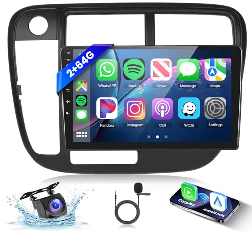 Hodozzy 4Core 64G Car Radio for Honda Civic 1996-2001 with Wireless Carplay Android Auto, 9-Inch Touch Screen with GPS/WiFi/Bluetooth, FM RDS, Mirror Link, Backup Camera 2 din Radio for Honda