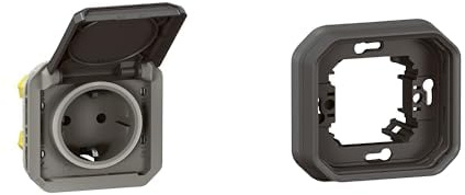 LEGRAND, Plexo New Set, Einsatz Feuchtraum-Steckdose, Berührungsschutz, inkl. Klappdeckel, Steckklemmen, 16A, 250V, IP44 - IK08 & 1-fach Feuchtraum-Unterputz-Tragrahmen, Anthrazit, 069571L & 069606L