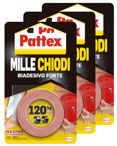 Pattex Millechiodi Biadesivo Forte Nastro di Montaggio 1,5m x 19mm Adesivo Multimateriale Permanente per Interni ed Esterni - 3 Rotoli
