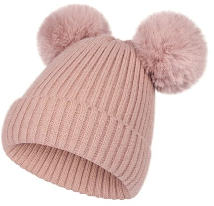 NATUST Kind Wintermütze Mädchen Kunstfell Bommelmütze Warme Strickmütze mit Zwei Bommeln