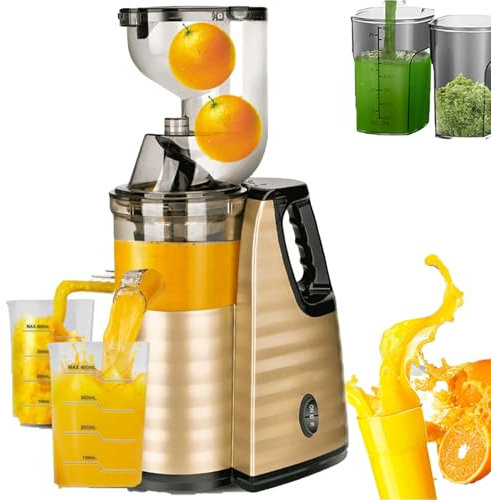 QIeAny Spremiagrumi Lento Domestico da 150 W, Spremiagrumi Centrifugo Fresco da 8 CM di Diametro, Processore Elettrico per Succo di Frutta E Verdura + Separazione del Succo Residuo + 24×17×43 CM,Gold