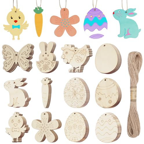 CUWELT 72 Stück Holzanhänger Ostern zum Bemalen, Holz Osteranhänger Basteln | Unvollendete Holz Ostereier Hasen Huhn Blumen zum Aufhängen, Osterdeko für Ostern Party Deko Handwerk