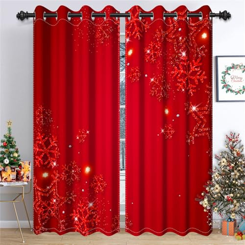 Ttincceer Cortinas Opacas navideñas para Sala de Estar Copo de Nieve Dorado Cortinas de Ventana Rojas Brillantes Cortina de oscurecimiento de habitación con Aislamiento térmico 117x138cm