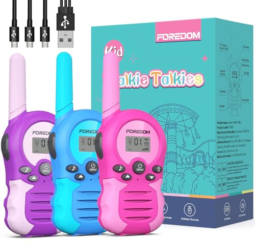 FOREDOM Talkie Walkie Enfants Rechargeable, Talkie-Walkie Longue Portée pour Garçons & Filles de 3-12 Ans, Cadeaux Aventure Plein Air, Lot de 3