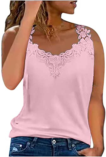 Vest Tops for Women UK Lace Summer Tops Sleeveless Vest T Shirts Loose Tunic Shirt Cotton Camisole Top Ladies Casual Tee Shirts Going Out Top Summer Tee Tops Cami Shirt Lace Blouses Pink