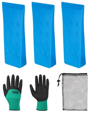QUARKZMAN plastfällkil, 3 stycken ABS-plast, skogskil 152 mm, spaltkil för trä, plastkilar, fällkil med handskar med ficka för slagskruvdragare, fällkilar, blå