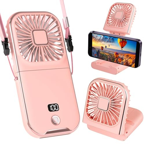 REBUCINA USB Rechargeable Handheld Fan, 180° Folding Desktop Electric with Phone Stand, 4 Speeds Mini for Travel Holiday Home Office, Pink