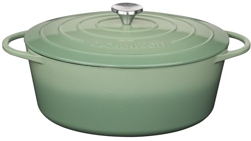 Küchenprofi Cacerola de hierro fundido con tapa ovalada, jade, 33 cm, cazuela, horno holandés, sartén para pan esmaltado, para todo tipo de fuegos (incluye inducción), para guisar, hornear, asar