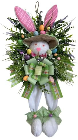 Osterkranz mit Hase - Ostern Türkranz Dekokranz Dekorativer Türkranz mit Aufhänger - Osterdekoration zum Aufhängen Türkranz Hase mit Schleife und Blume Tür- und Fensterschild mit Schriftzug (Grün)