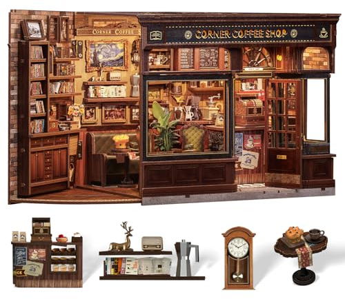 Cutefun Book Nook Kit med LED-belysning och dammskydd – gör-det-själv miniatyrhus trämodell dockhusbibliotek för vuxna | kreativ present till kvinnor/män, bokhyllsdekoration, 3D-pussel