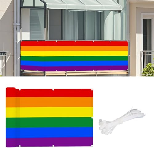 SK Studio Balkon Sichtschutz 90x600cm Balkonverkleidung UV-Schutz Windschutz Wasserdicht Blickdichte mit Kabelbinder für Garten Balkon Zaun Terrassen, Regenbogen