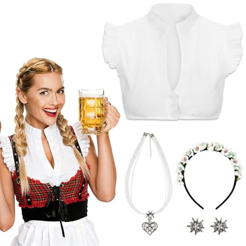Camicetta Dirndl da donna, set di gioielli tradizionali, camicia bianca da donna, camicetta Dirndl a maniche corte, fascia floreale, accessorio tradizionale (IT, Testo, M, Regular, Regular, white)