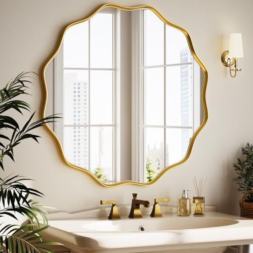 ZENOMIRRIS Round Wavy Mirror - 24 Inch Bathroom Vanity Mirror Metal Frame Circle Wall Mounted Mirror for Bedroom Living Room Entryway, Gold