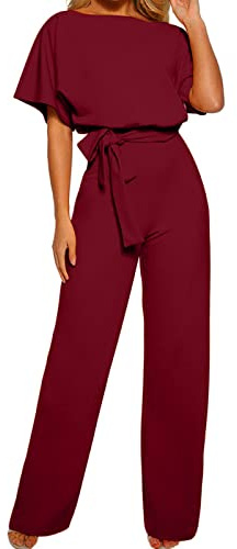 OVARA Womens Jumpsuit Elegant Short Sleeve Romper Playsuit Ladies Plain Casual Sraight Leg All In One Jumpsuits Summer Comfy Classic One Piece Pants Onesies with Belt