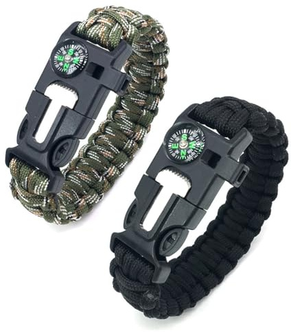 NJCXOLA Paracord brazalete Kit, Supervivencia al aire libre, 2PCS Paracord Bracelets, Kit Pulsera Paracord Supervivencia, Iniciador de fuego, emergencia cuchillo y silbato(Camuflaje+ferroso)