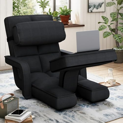 UNIONLINE Floor Chair Adjustable, Folding Lazy Sofa Bed with Armrests, Single Chair Bed for Bedroom Home Office,Lounge Recliner with Pillow Footrest,Black