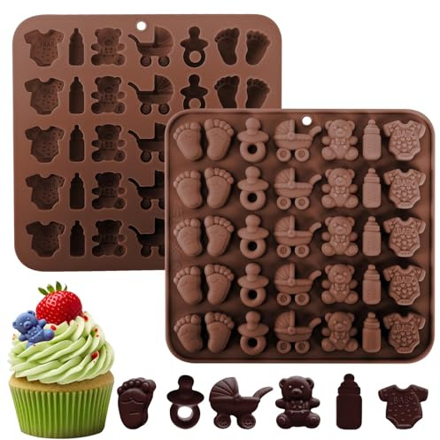 Fuehbur Baby-Shower Theme Candy Silicone Molds 2PCS, Chocolate Moulds with Cute Patterns, 35 Cavity Ice Molds Tray for Cake Desserts, Cupcake Toppers