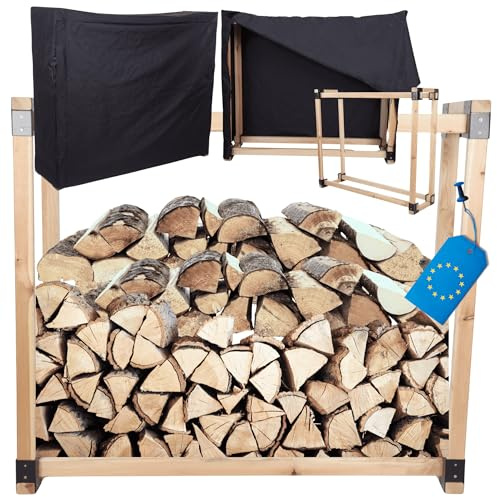 MODO24 Kaminholzregal, Holzunterstand mit Abdeckung, stabiler Brennholzständer aus massivem Holz, Brennholzregal & Holzlager für Garten, Terrasse & Außenbereich, wetterfeste Schutzplane, 154x146x40 cm