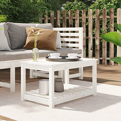 QUAHEAS Gartentisch Weiß 82,5x50,5x45 cm, Massivholz Kiefer, Outdoor Loungetisch mit Ablage, stabil für Garten, Terrasse, Balkon