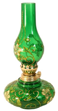 Hand Blown Glass, Green Hand Painted Opaque Finish Oil Lamp 8.5 Tall Great Christmas Gift, Centerpiece, Wedding Gift (Green)