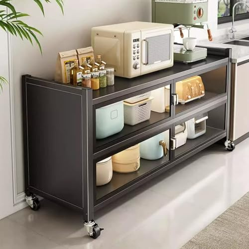 Armadio moderno per dispensa da cucina su ruote, conigliera con supporto per microonde, credenza con porta in vetro per cucina, sala da pranzo e soggiorno