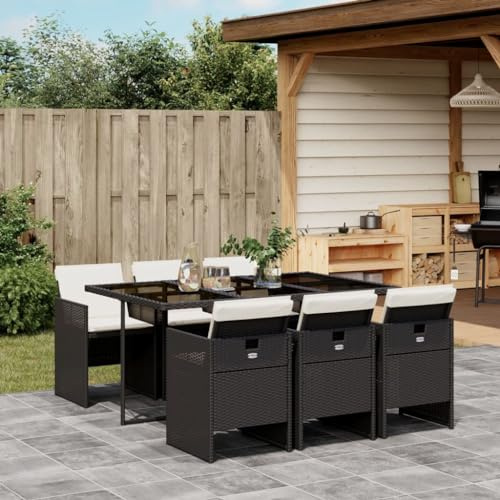 QJBSAVVA 7-TLG. Garten-Essgruppe Schwarz 165 x 106 x 73 cm Poly-Rattan Esstisch mit 6 Klappstühlen Cremeweiße Auflagen Modernes Lounge-Set platzsparend für Balkon Terrasse Garten