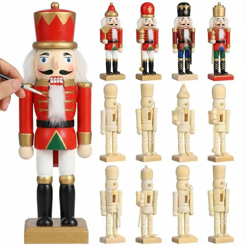 Veemoon 12 Stück Teiliges DIY Holz Nussknacker Unlackierte Weihnachtsdeko Figuren Kreative Tisch Regaldekoration aus Stabilem Naturholz für Individuelle Gestaltung und Festliche