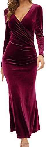 Robes de Cocktail Femme Rétro Robe Hiver Velours Robes Moulante Elegent Manches Longues Col en V de Soirée Vintage de Noël Chic Longue Chaud pour Fête Club Mariage Nouvel