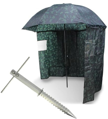 G8DS Angelschirm mit Seitenwand 200-220 cm Schirmzelt Angeln Schirmsystem mit Seitenplane Camouflage Karpfenzelt Windschutz Regenschirm