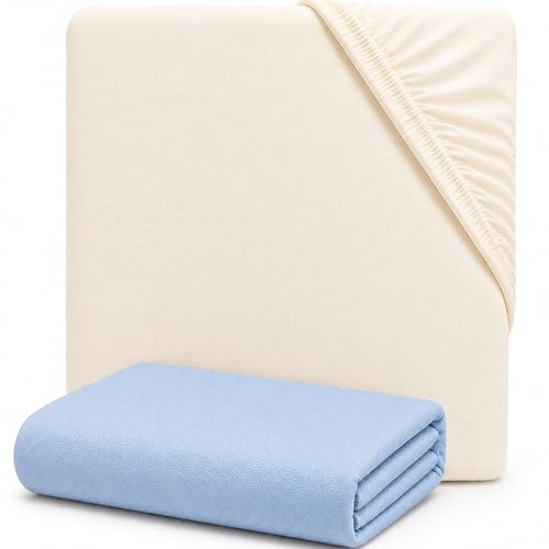 Dudu N Girlie Lot de 2 draps-housses en coton pour lit d'enfant - 120 x 60 cm - Jersey doux - Hypoallergénique - Élastique et respirant - Crème et bleu