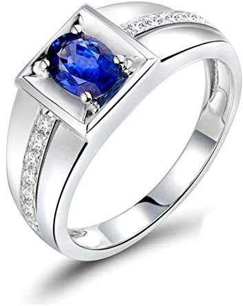 Daesar Männer Ringe 750 Weißgold Bandring 4-Steg-Krappenfassung mit Oval Saphir 0.6ct, Trauring Weißgold Verlobungsring Diamant Große 58 (18.5)
