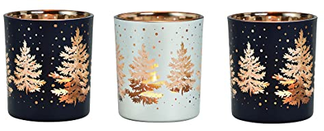 khevga Lumière de Vent de Noël Set d'hiver en Verre Noir Blanc Or Argent Ensemble de 3 Petit