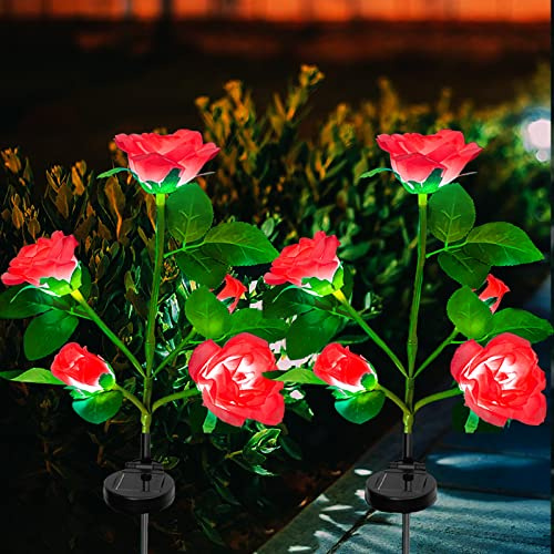 Ovker Solar Flower Lights Outdoor Garden, 2 Packs Solar Garden Lights with 10 LED Bigger Rose Flowers, Solar Waterproof Stake Lamps for Christmas Pathway Lawn Yard Fence Grave Decoration(Red)