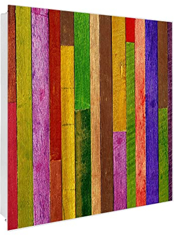 banjado Großer Schlüsselkasten Glas - Schlüsselbox 30x30cm mit 50 Haken - Schlüsselkasten modern für Schlüsselaufbewahrung mit beschreibbarer, magnetischer Glastür - Motiv Holz bunt