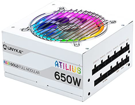 UNYKAch Fuente de Alimentación ATILIUS RGB White 650 W Full Modular, 90 % Eficiencia, ATX 2.31, Condensadores Taiwaneses, Ventilador RGB 120 mm