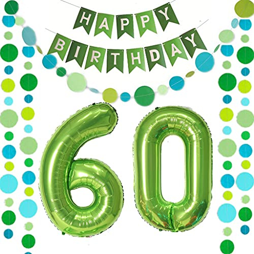 Luftballons Zahl 60 Grün + Happy Birthday Girlande + banner Folienballon 60.Geburtstags deko frau mann ballons 60 Jahre Geburtstag deko frauen Zahlenballon 60 Geburtstag dekoration Männer frau(60)