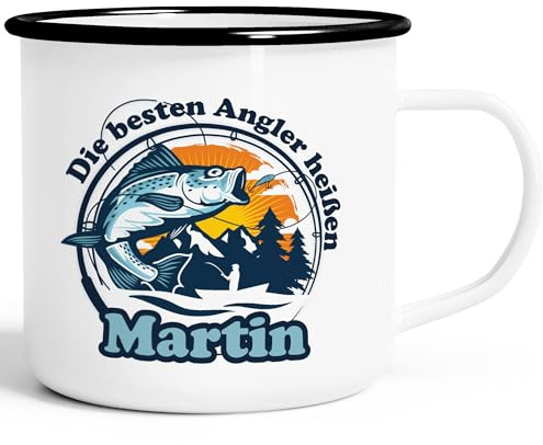 SpecialMe® Emaille-Tasse Geschenk Angeln Spruch Die besten Angler heißen Wunsch-Name personalisierte Geschenke Weiss-schwarz Emailletasse