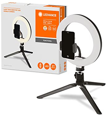 Ledvance LED Ringlicht mit Stativ 190mm mit USB Anschluss, 72 LEDs dimmbar, 3000-5800k, 10W-400-500 Lm, 190mm, Ringleuchte für Handy, Makeup, Fotografie mit Bluetooth Fernbedienung, Schwarz