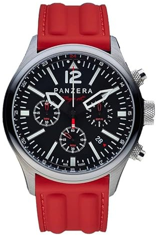Panzera Flieger 46 Chronograph Quarz Stahl Schwarz Silikon Pilot Rot Datum Herren Uhr
