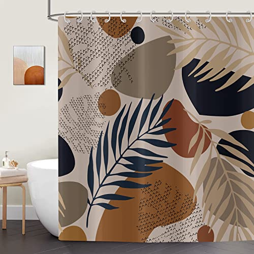 Duschvorhang Boho 180x200 cm, ASDCXZ Mid Century Abstrakt Kunst Palm Blätter Braun Bad Duschvorhange Waschbare Polyester Textil Wasserdichte Duschvorhang für Badewanne mit 12 Duschvorhang Haken