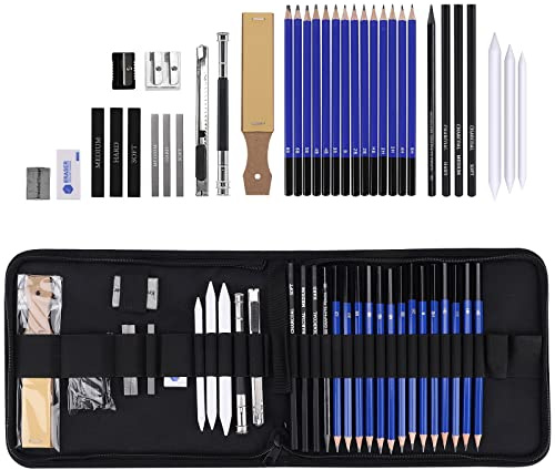 Crayon Materiel de Dessin et Croquis 35 Pièces,Manga Art Supplies avec Esquisse Crayons Graphite, Crayons Fusain & Cahier de Dessin 25 Pages,Convient Aux Débutants Et Aux Professionnels